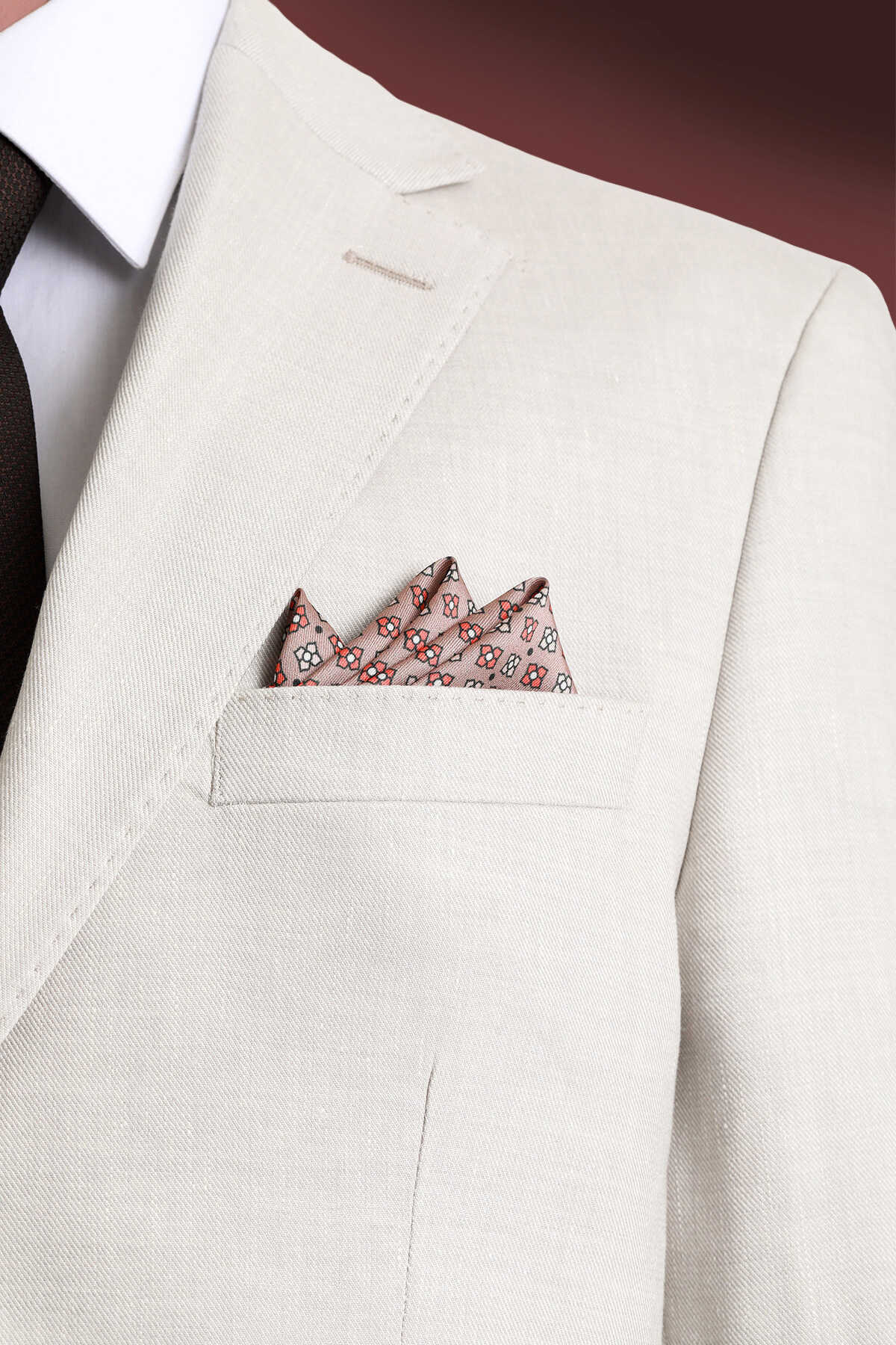 Bej Desenli Klasik Saten Cep Mendili - 1