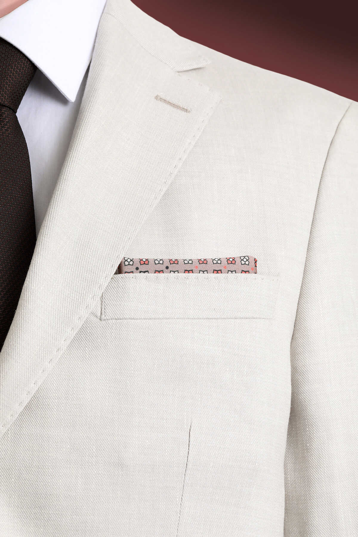 Bej Desenli Klasik Saten Cep Mendili - 3