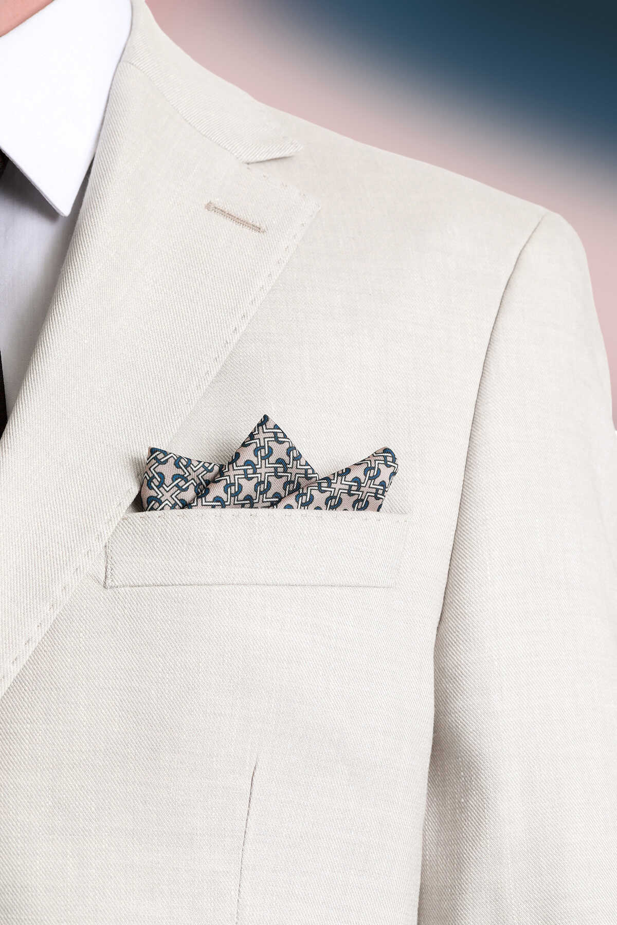 Bej Desenli Klasik Saten Cep Mendili - 1