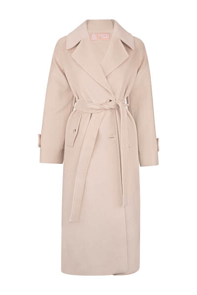 Bej Dinamik Fit Ceket Yaka Kaşe Yünlü Manto - 2