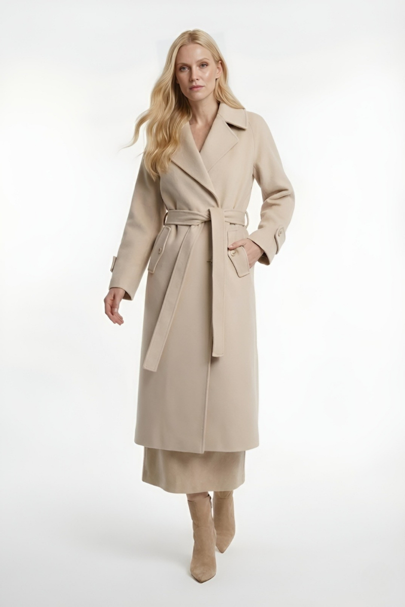 Bej Dinamik Fit Ceket Yaka Kaşe Yünlü Manto - Saykı Woman