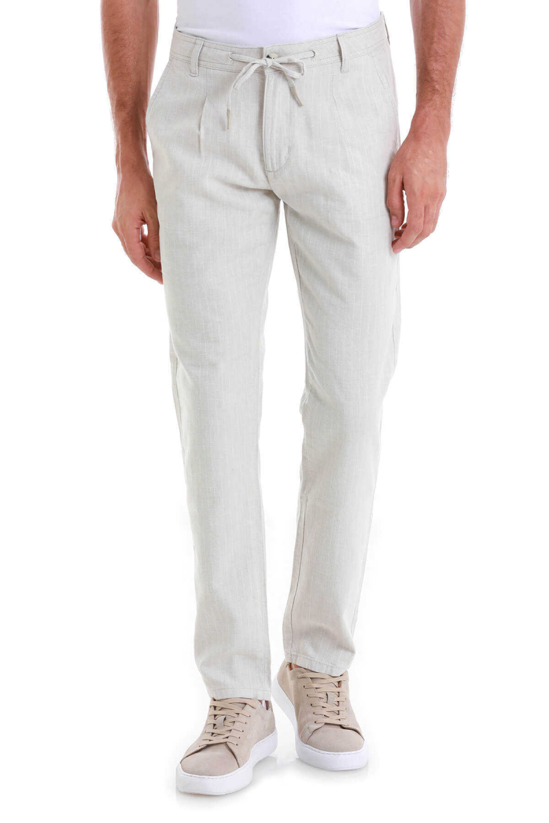 Bej Dinamik Fit Çizgili Yandan Cepli Keten Pantolon - Hatem Saykı