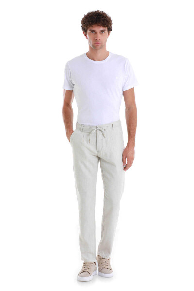 Bej Dinamik Fit Çizgili Yandan Cepli Keten Pantolon - 2