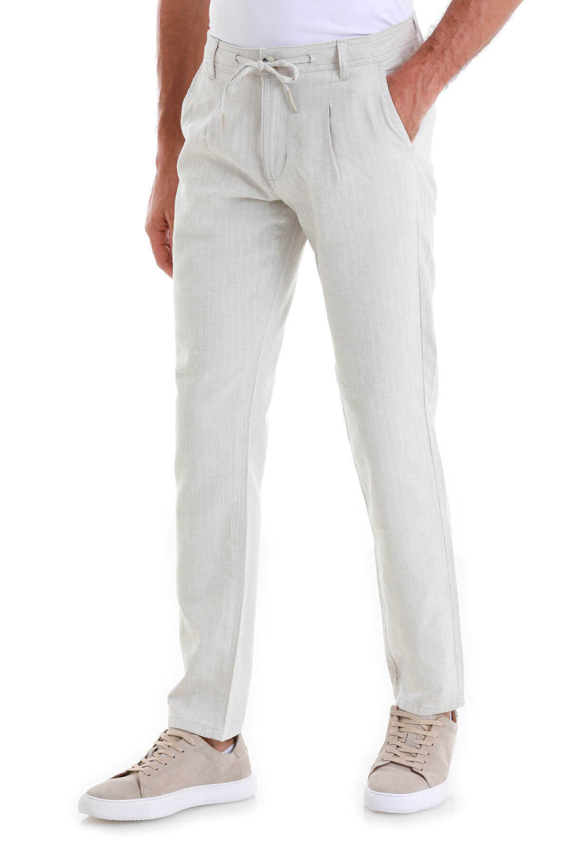 Bej Dinamik Fit Çizgili Yandan Cepli Keten Pantolon - Hatem Saykı (1)