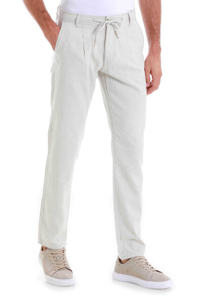Bej Dinamik Fit Çizgili Yandan Cepli Keten Pantolon - 4