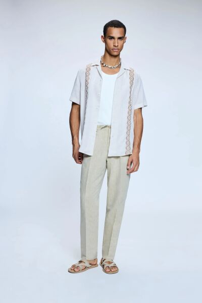 Bej Dinamik Fit Desenli Yandan Cepli Keten Jogger Pantolon - 1