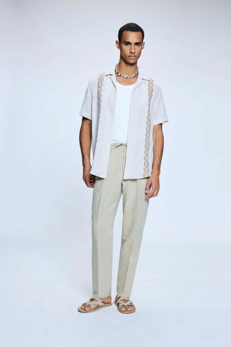 Bej Dinamik Fit Desenli Yandan Cepli Keten Jogger Pantolon - Hatem Saykı