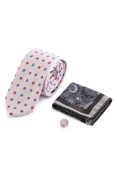 Bej Üçlü Yaka Rozeti Kravat Mendil Set - 2