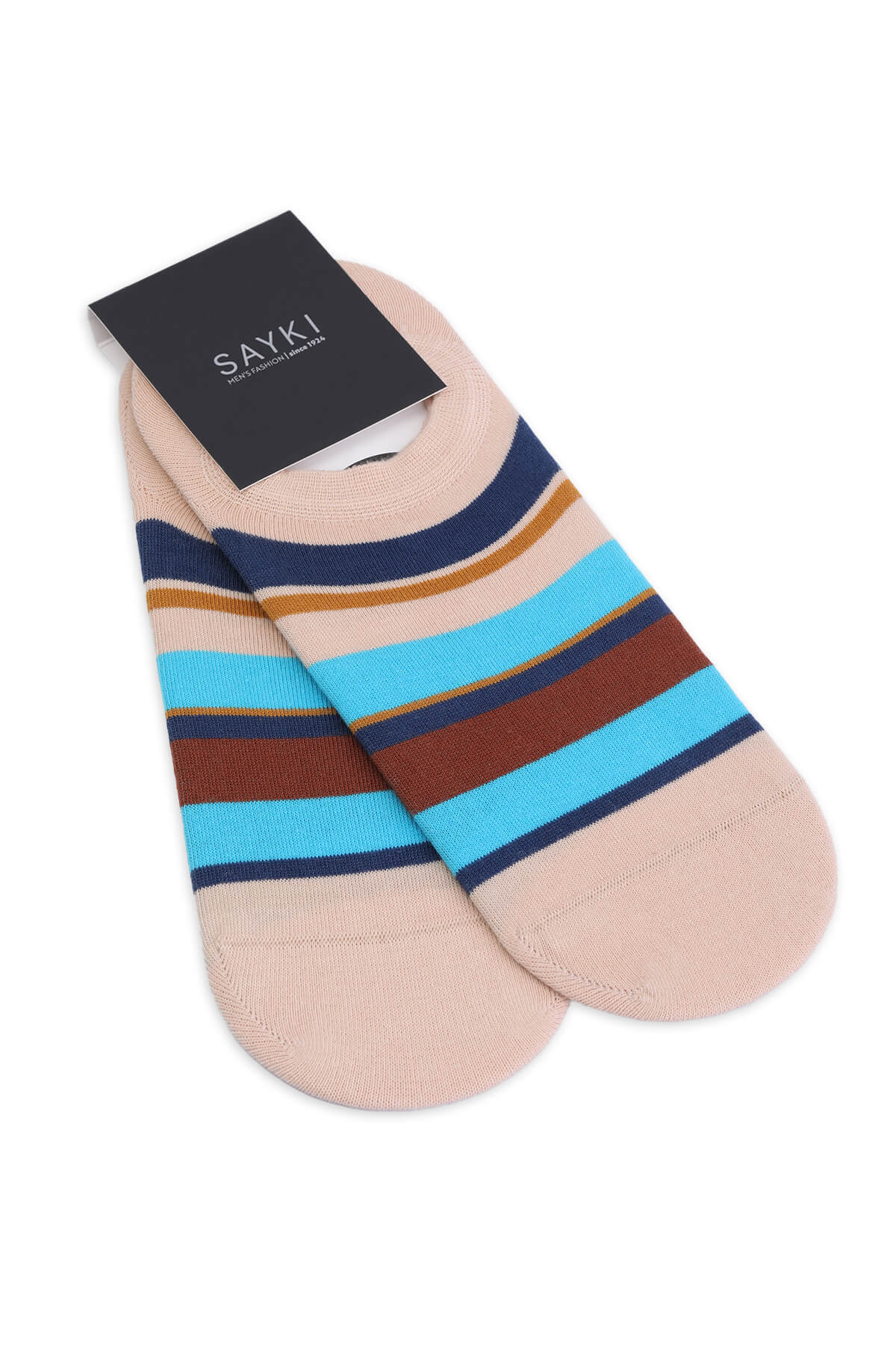 Bej İkili Çizgili Pamuklu Babet Çorap - 1