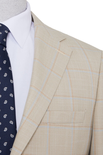 Bej Slim Fit Kareli Ceket - 3