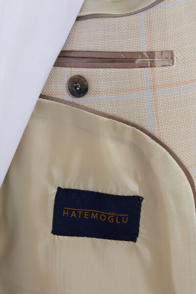 Bej Slim Fit Kareli Ceket - 8