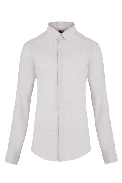 Bej Regular Fit 100% Keten Uzun Kol Gömlek - 1