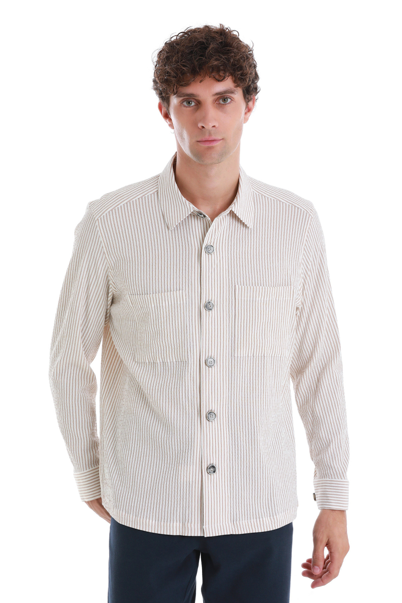 Bej Klasik Fit Çizgili Uzun Kollu Overshirt Gömlek - Hatem Saykı