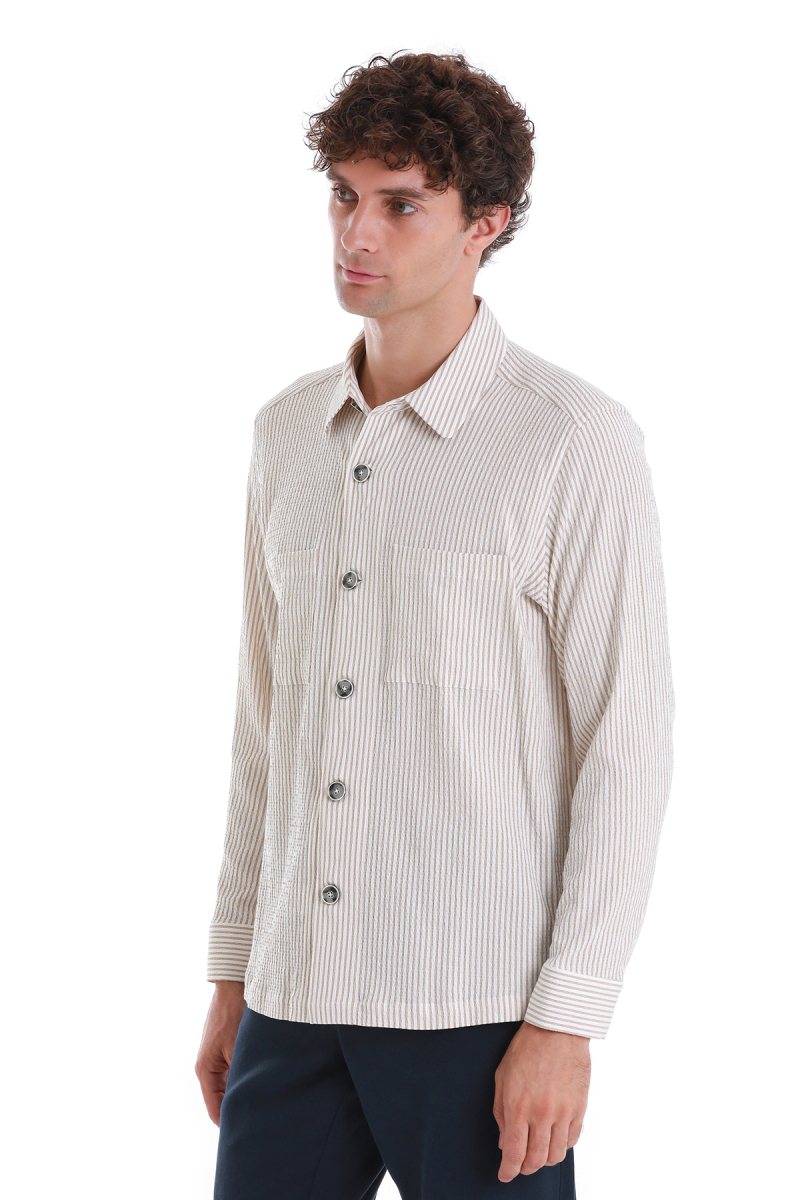 Bej Klasik Fit Çizgili Uzun Kollu Overshirt Gömlek - Hatem Saykı (1)