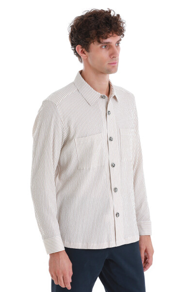 Bej Klasik Fit Çizgili Uzun Kollu Overshirt Gömlek - 4