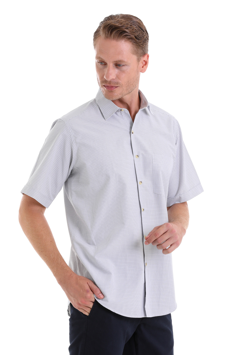 Bej Klasik Fit Kareli Pamuklu Slim Yaka Kısa Kollu Klasik Gömlek - Hatemoğlu