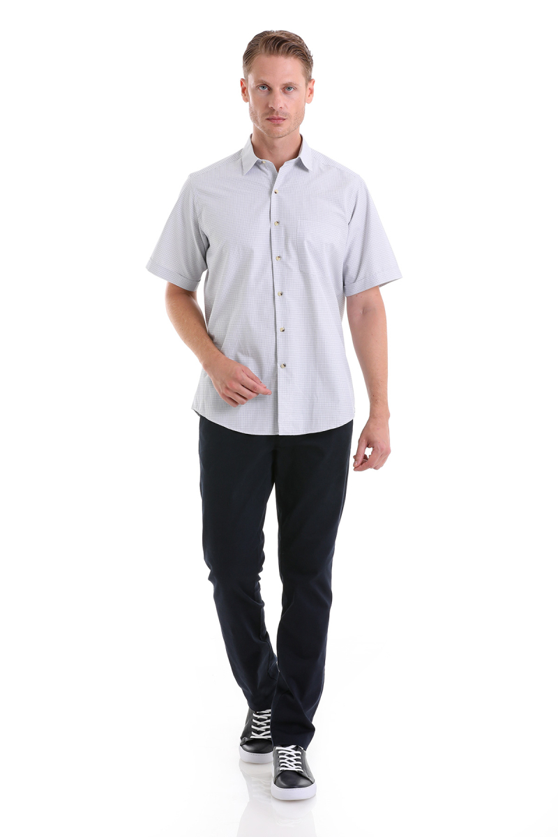 Bej Klasik Fit Kareli Pamuklu Slim Yaka Kısa Kollu Klasik Gömlek - Hatemoğlu (1)