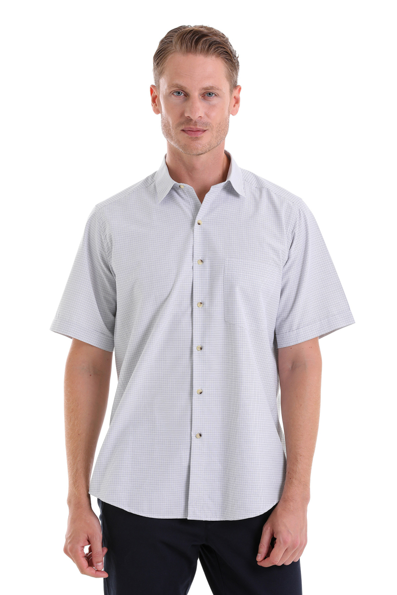 Bej Klasik Fit Kareli Pamuklu Slim Yaka Kısa Kollu Klasik Gömlek - Hatemoğlu (1)