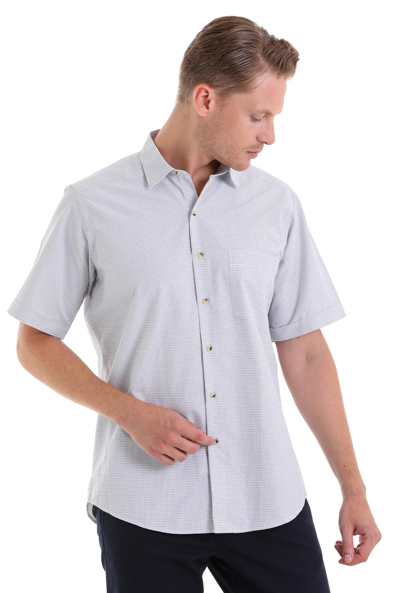 Bej Klasik Fit Kareli Pamuklu Slim Yaka Kısa Kollu Klasik Gömlek - Hatemoğlu (1)