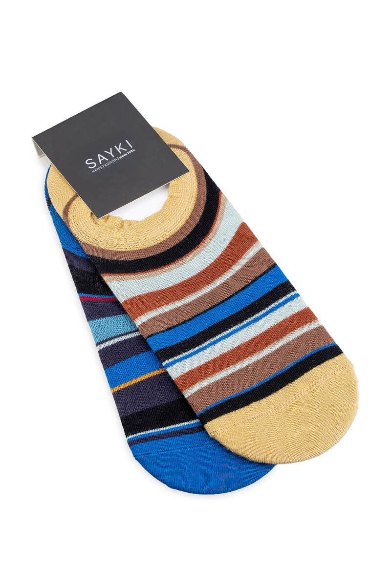 Bej - Lacivert 2'li Çizgili Babet Çorap - Saykı