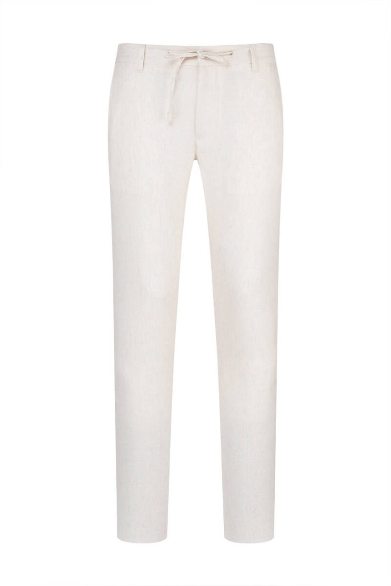 Bej Rahat Kesim Çizgili Yandan Cepli Keten Jogger Pantolon - Saykı