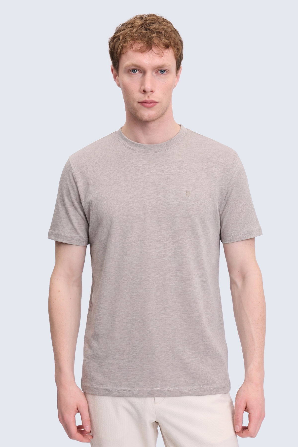 Bej Regular Fit Bisiklet Yaka Pamuklu Basic Tişört - 1