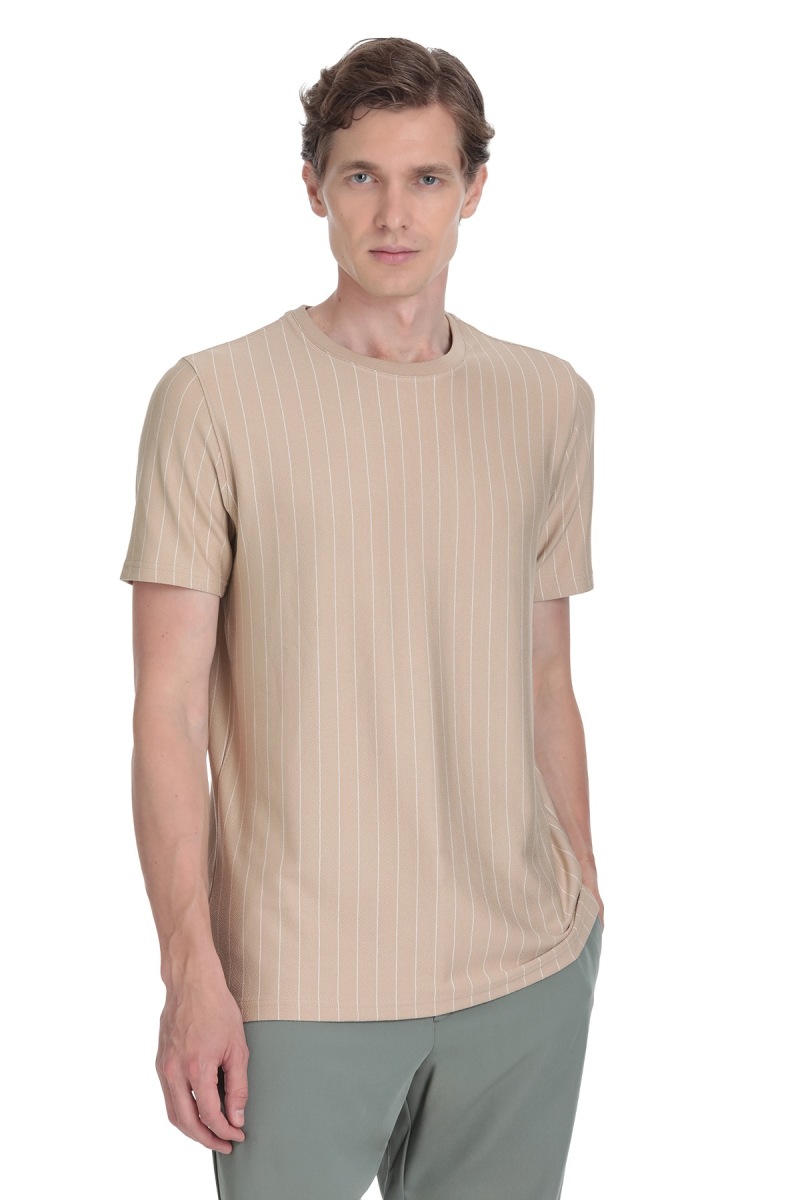 Bej Regular Fit Çizgili Bisiklet Yaka Tişört - Saykı