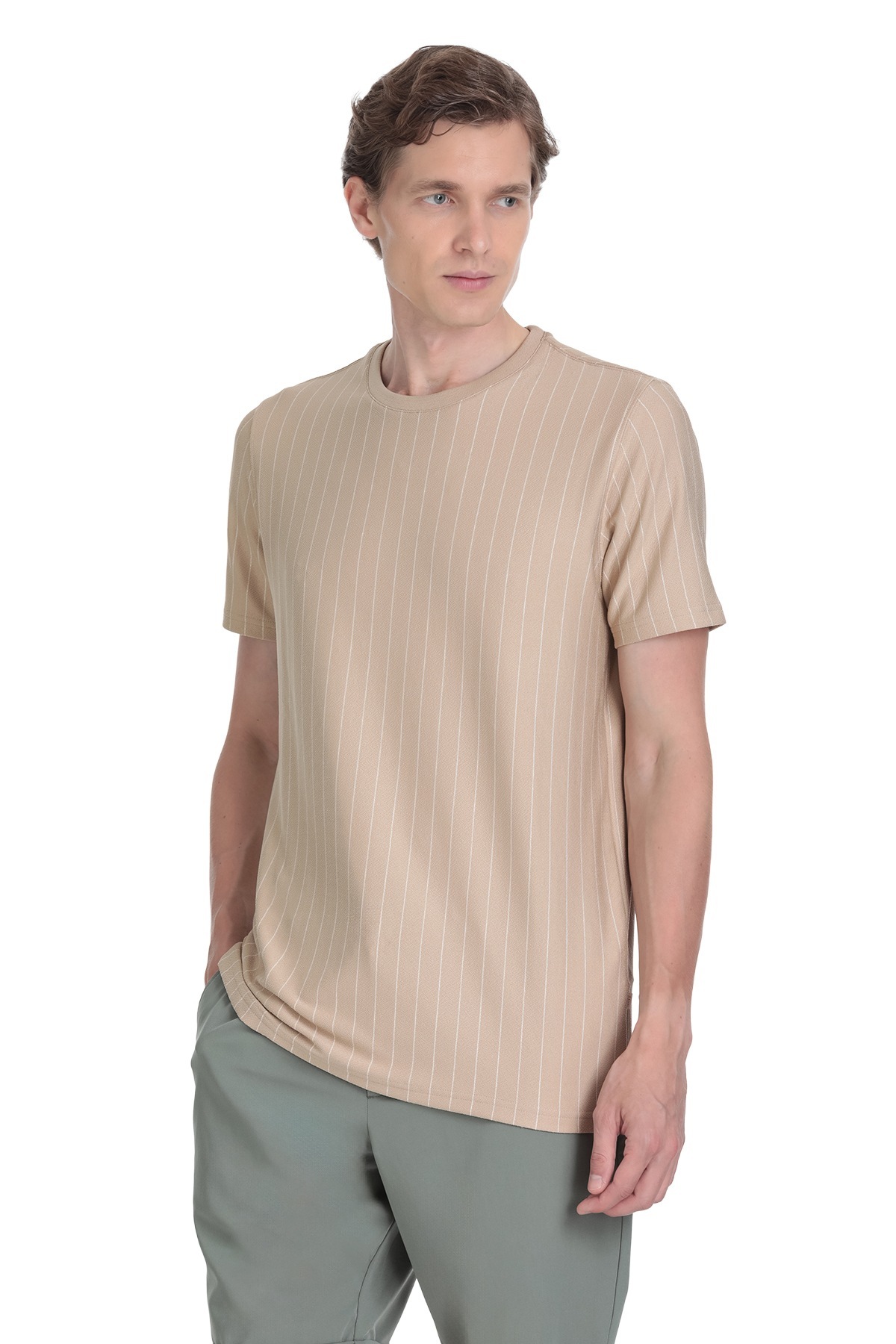 Bej Regular Fit Çizgili Bisiklet Yaka Tişört - 3