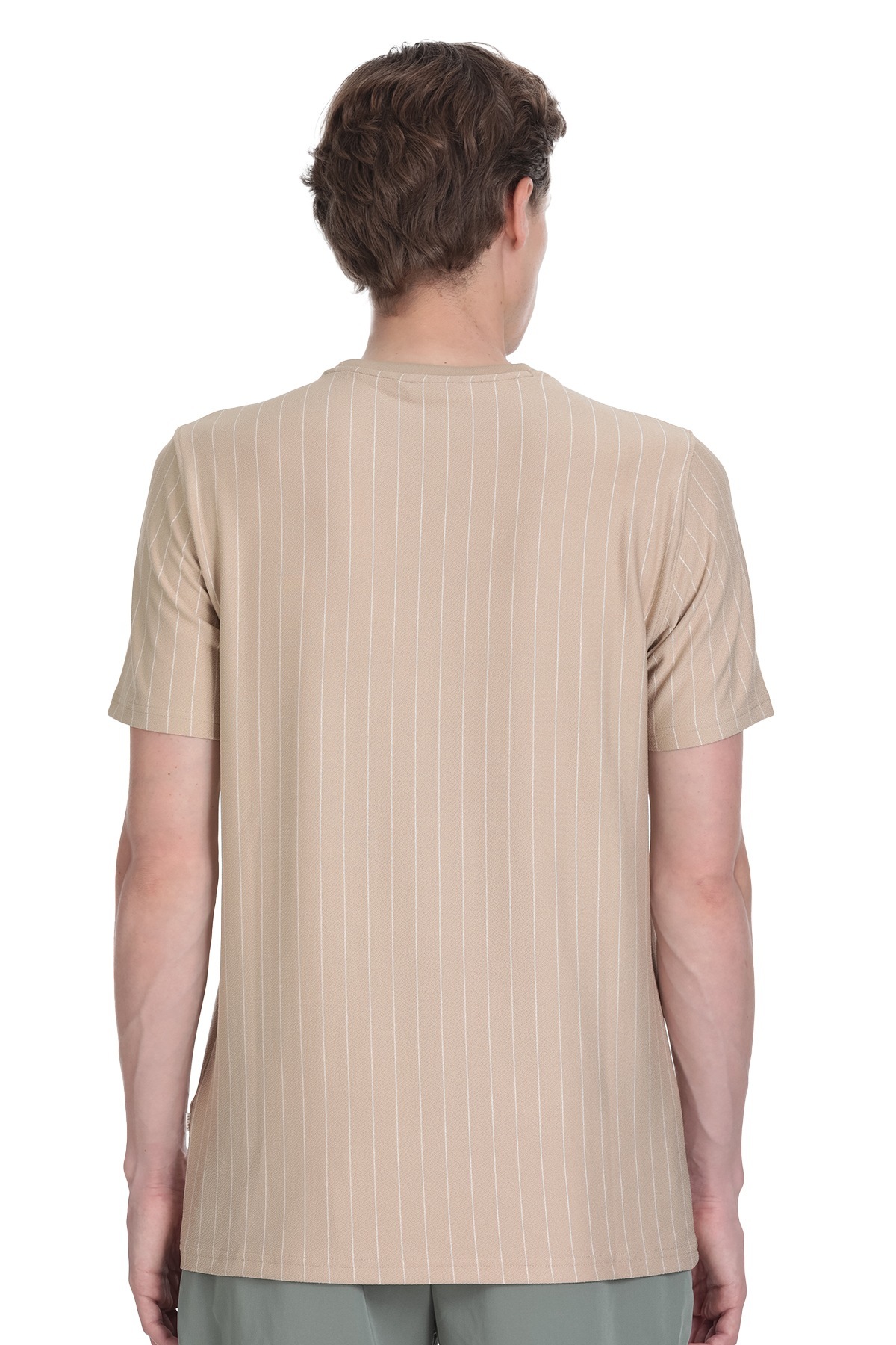 Bej Regular Fit Çizgili Bisiklet Yaka Tişört - 5