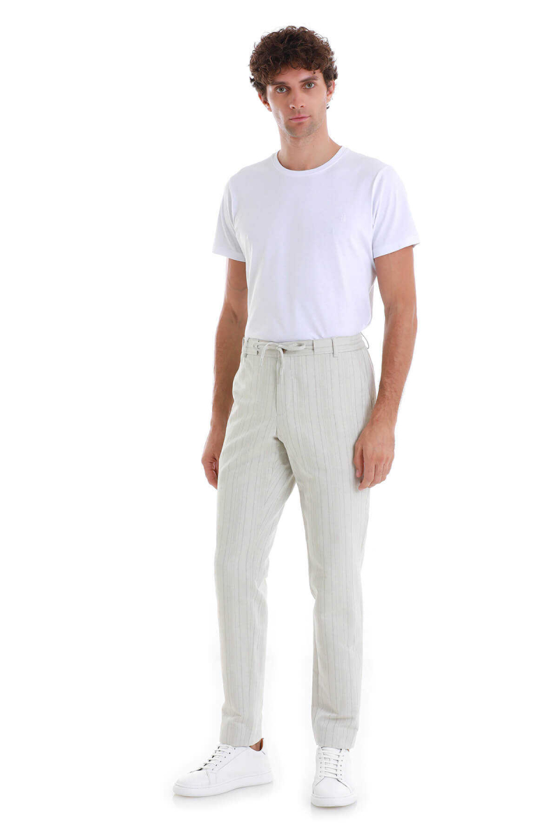 Bej Regular Fit Çizgili Yandan Cepli Keten Pantolon - Hatem Saykı (1)