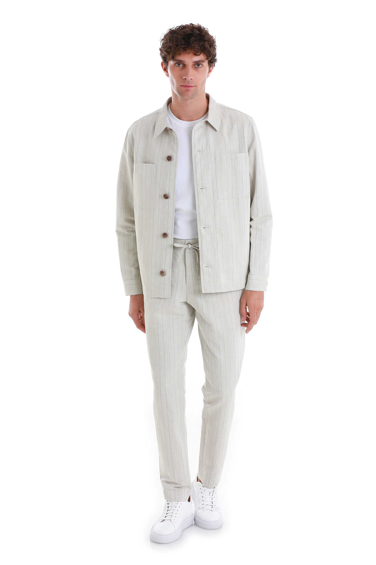 Bej Regular Fit Çizgili Yandan Cepli Keten Pantolon - 6