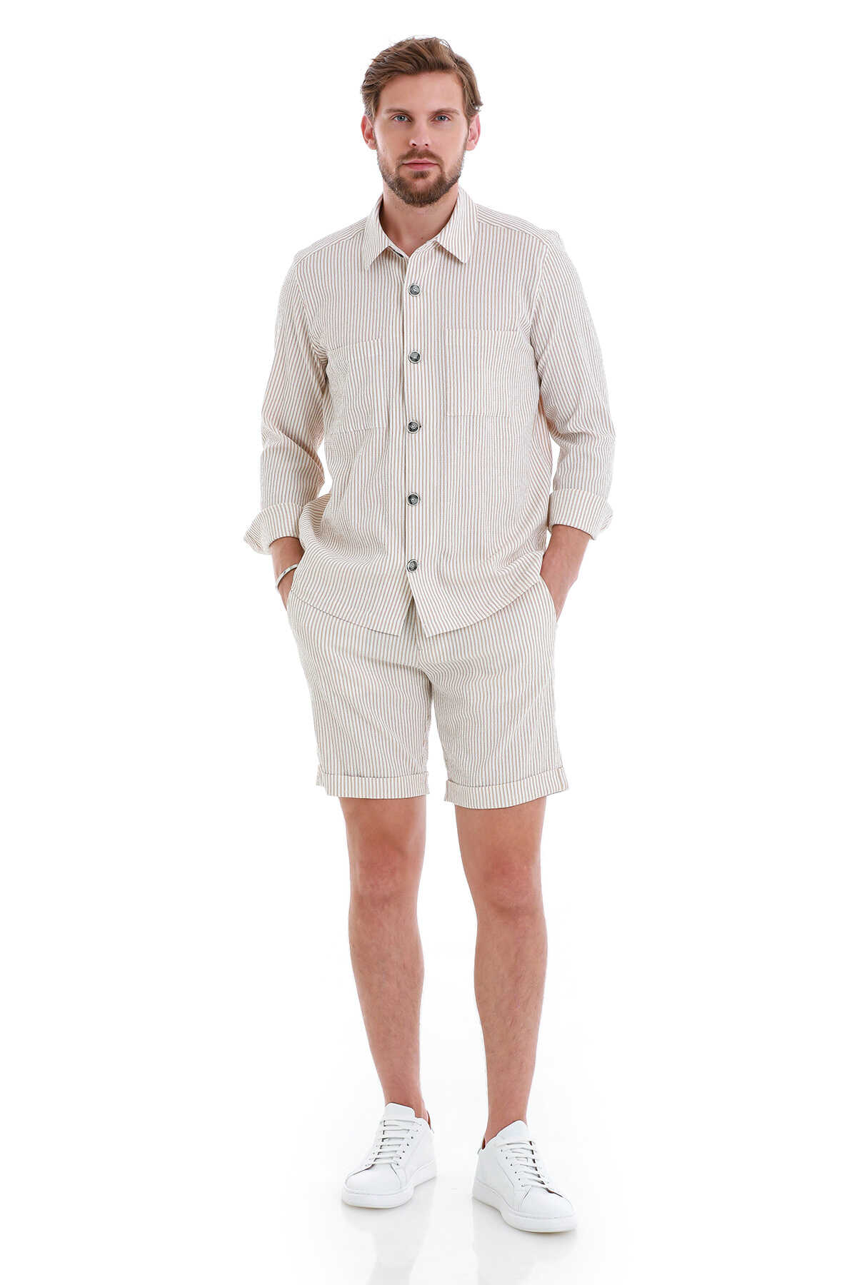 Bej Regular Fit Çizgili Yandan Cepli Şort - 2