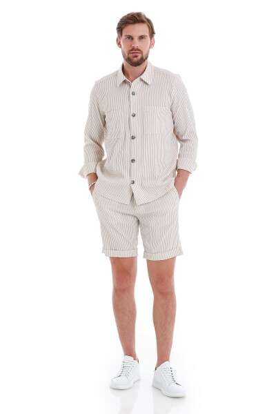 Bej Regular Fit Çizgili Yandan Cepli Şort - 2