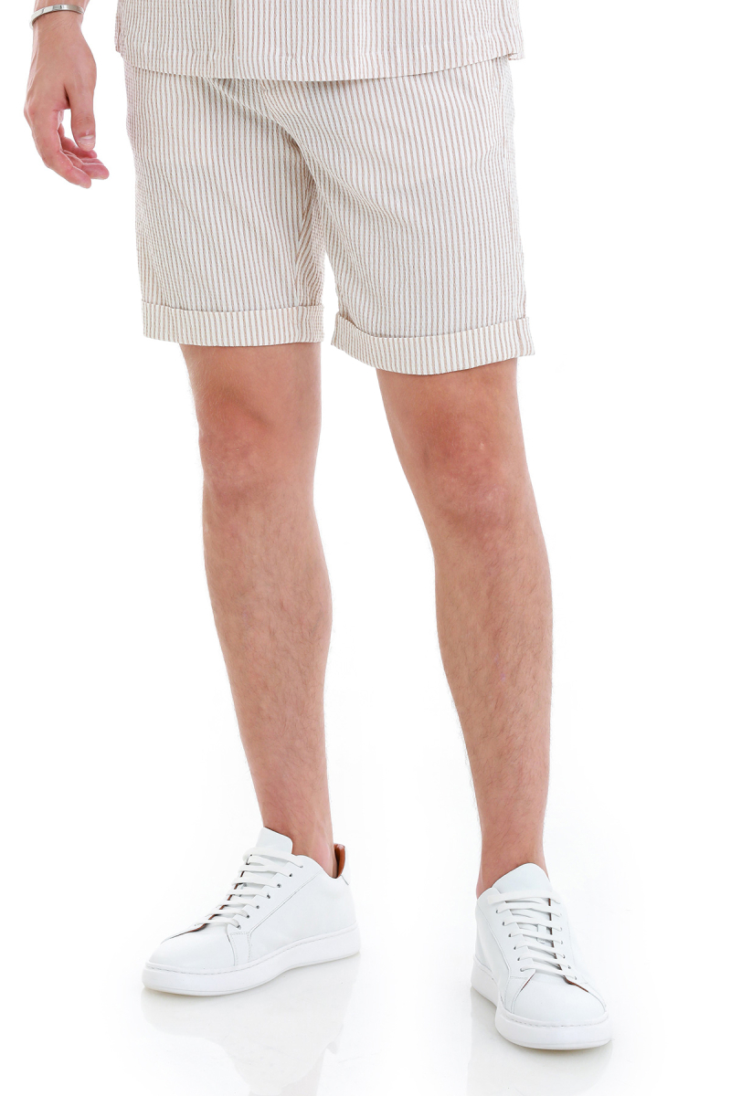 Bej Regular Fit Çizgili Yandan Cepli Şort - Hatem Saykı (1)