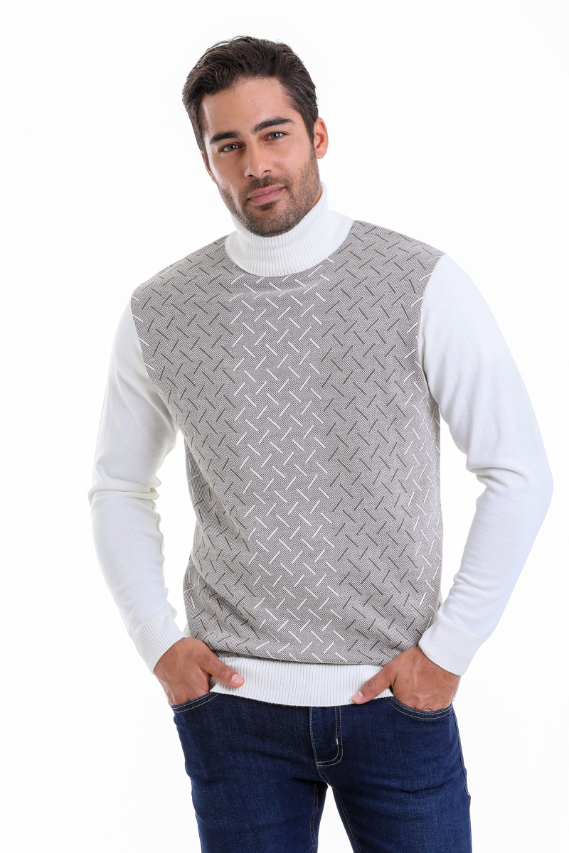 Beyaz Comfort Fit Jakarlı Balıkçı Yaka Yünlü Kazak - Hatemoğlu (1)