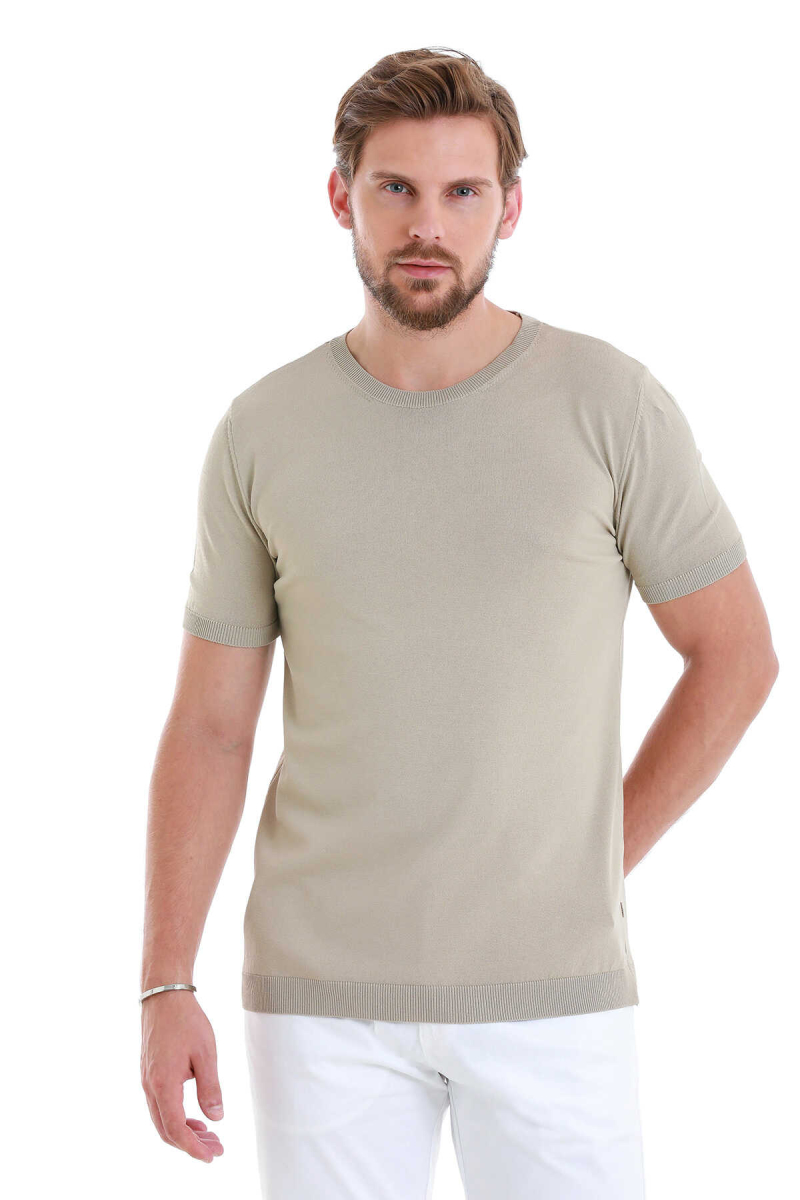 Bej Regular Fit Bisiklet Yaka Rayon Tişört - Hatem Saykı