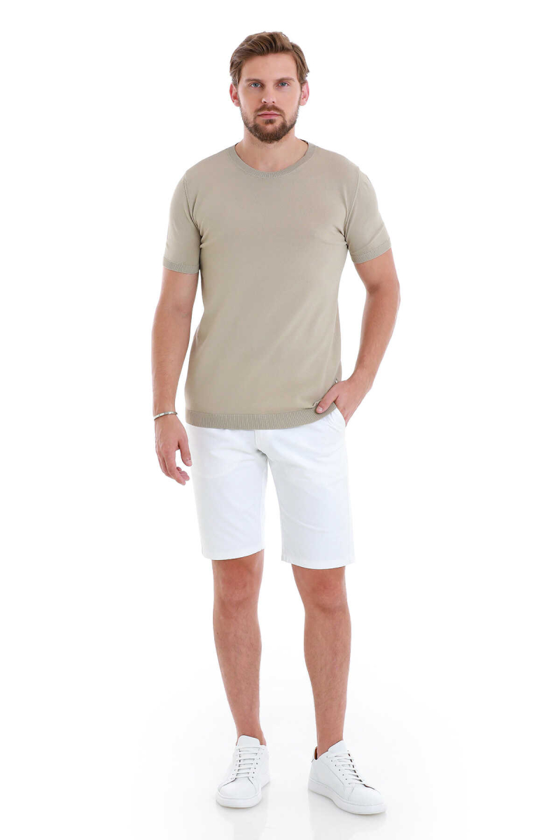 Bej Regular Fit Bisiklet Yaka Rayon Tişört - Hatem Saykı (1)