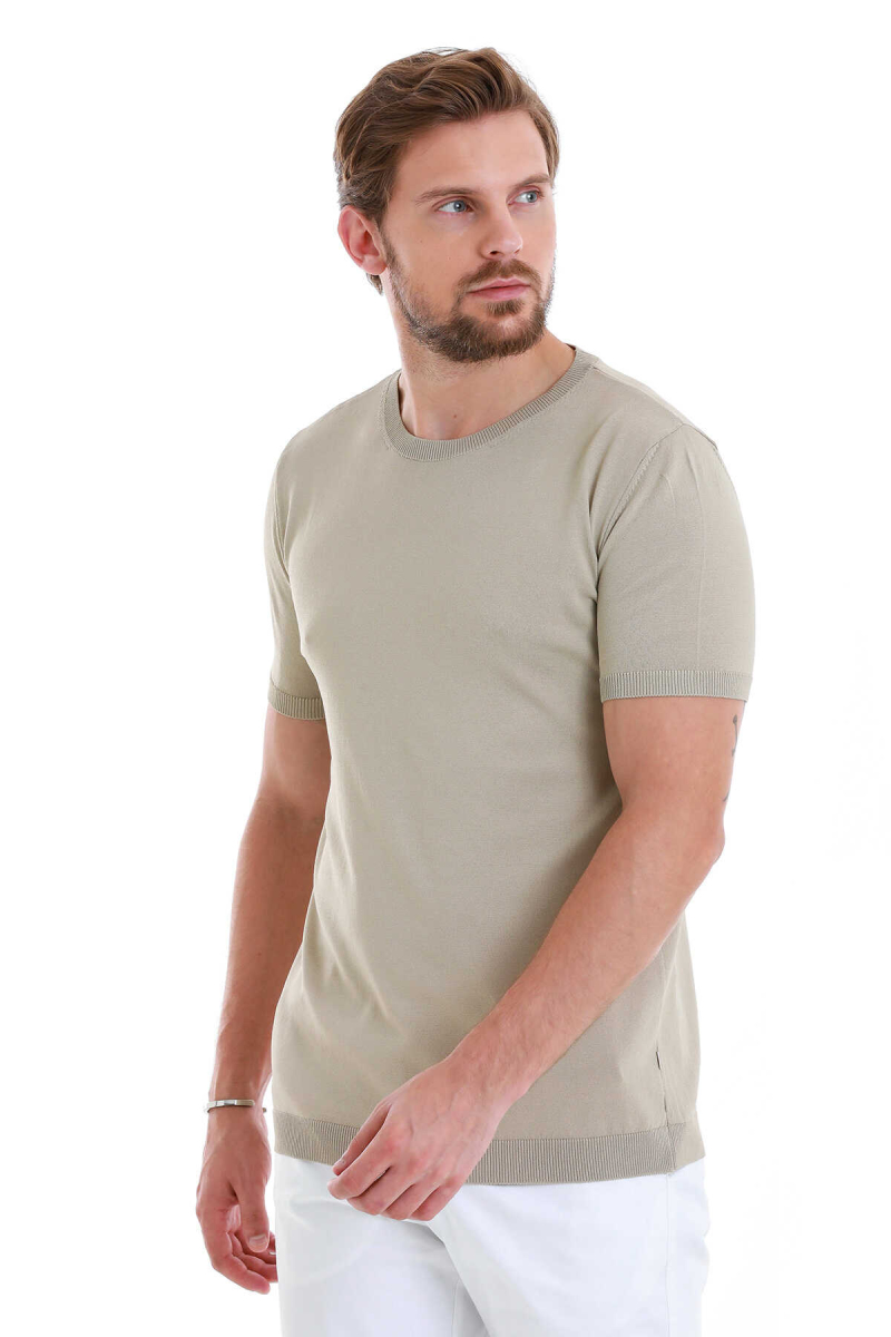 Bej Regular Fit Bisiklet Yaka Rayon Tişört - Hatem Saykı (1)