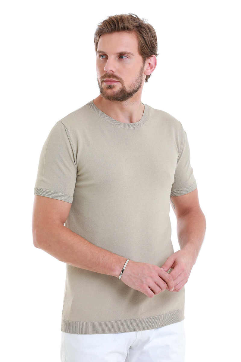 Bej Regular Fit Bisiklet Yaka Rayon Tişört - Hatem Saykı (1)