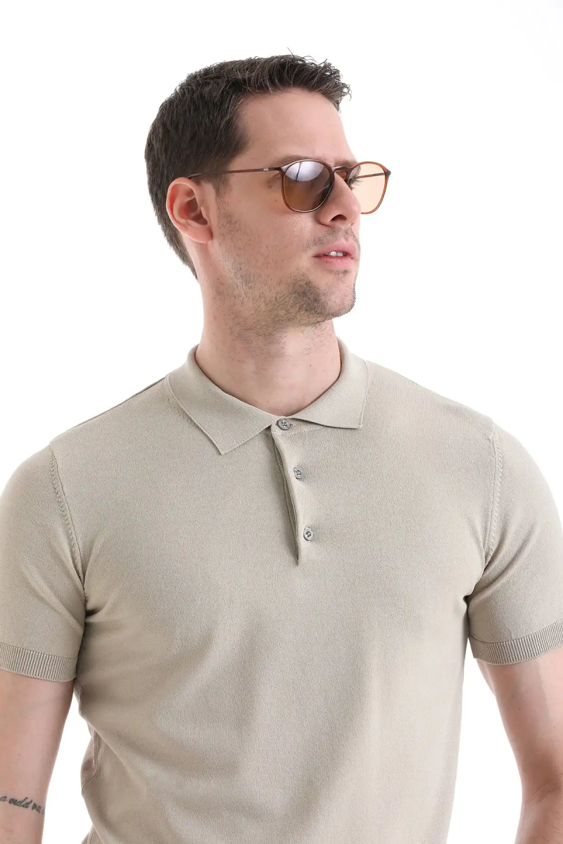 Bej Regular Fit Polo Yaka Rayon Tişört - Hatem Saykı (1)