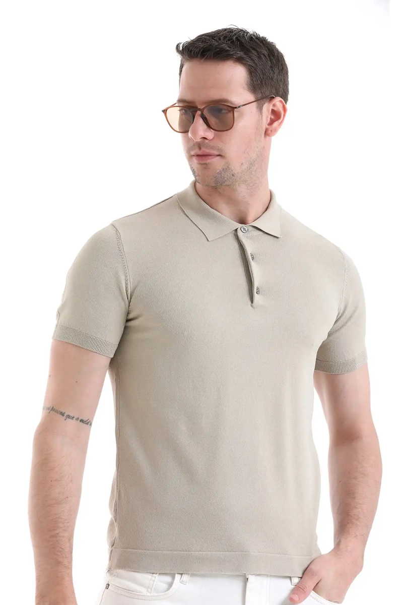 Bej Regular Fit Polo Yaka Rayon Tişört