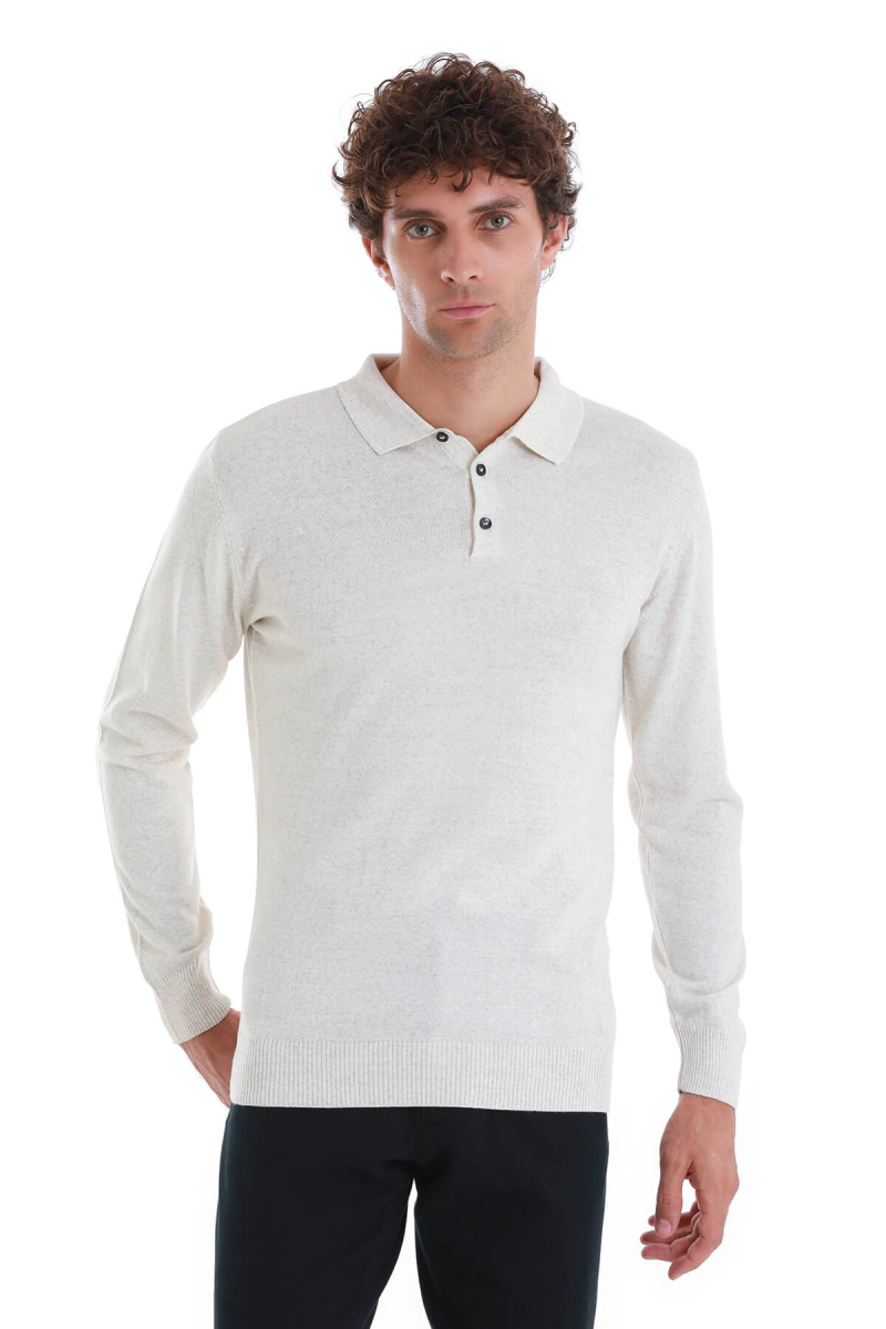 Bej Regular Fit Polo Yaka Triko Kazak - Hatemoğlu