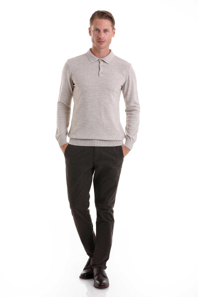 Bej Regular Fit Düz Polo Yaka Triko Kazak - 2