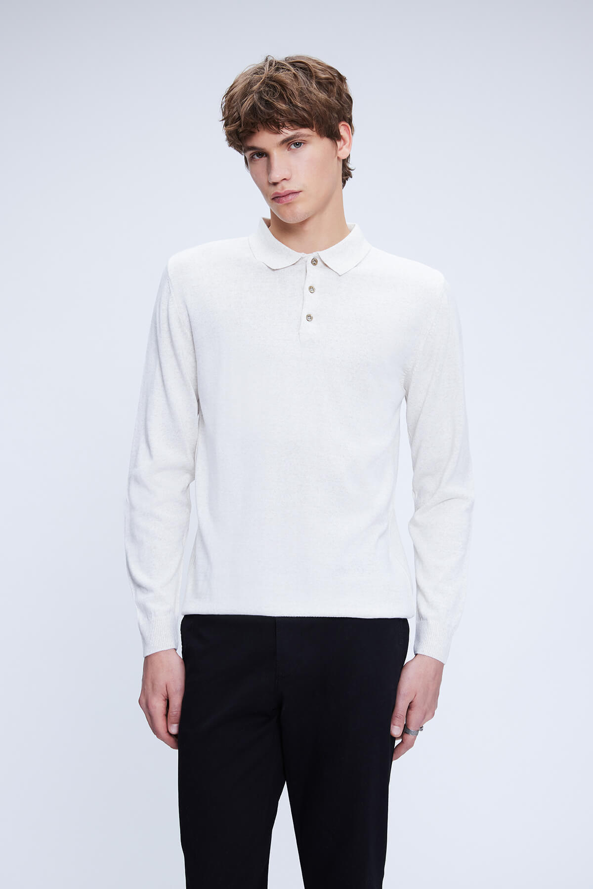 Bej Regular Fit Düz Polo Yaka Yünlü Triko Kazak - 1