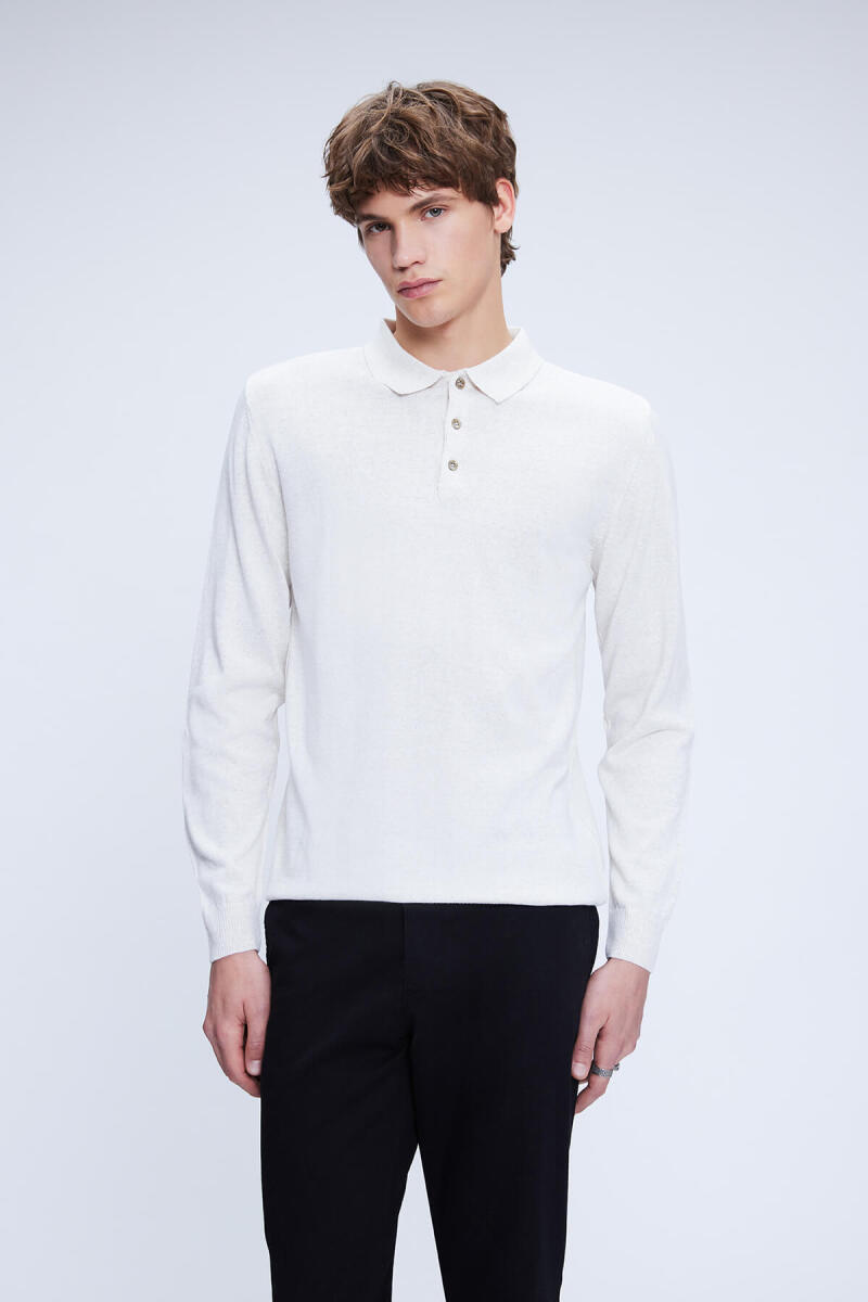 Bej Regular Fit Düz Polo Yaka Yünlü Triko Kazak - Hatemoğlu