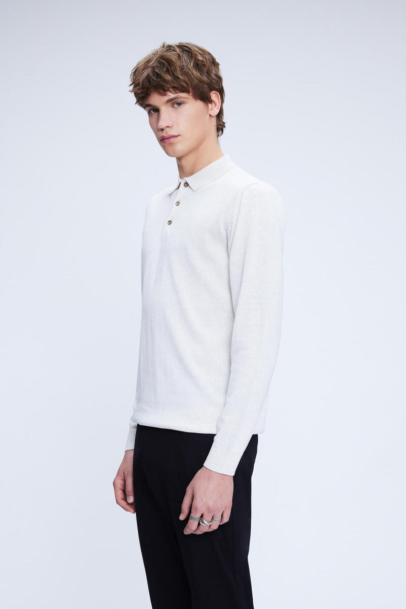 Bej Regular Fit Düz Polo Yaka Yünlü Triko Kazak - Hatemoğlu (1)