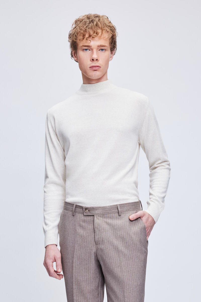 Bej Regular Fit Yarım Balıkçı Yaka Yünlü Triko Kazak - Hatemoğlu