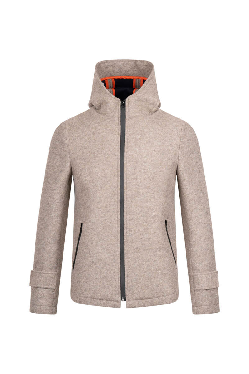 Bej Regular Fit Hakim Yaka Kapüşonlu Yünlü Kaşe Mont - Hatem Saykı