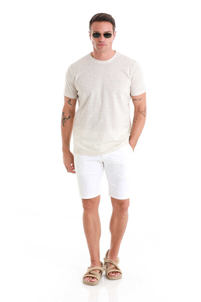 Bej Regular Fit Jakarlı Bisiklet Yaka Keten Tişört - 2