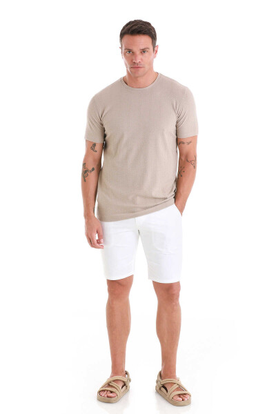 Bej Regular Fit Jakarlı Bisiklet Yaka Tişört - 2